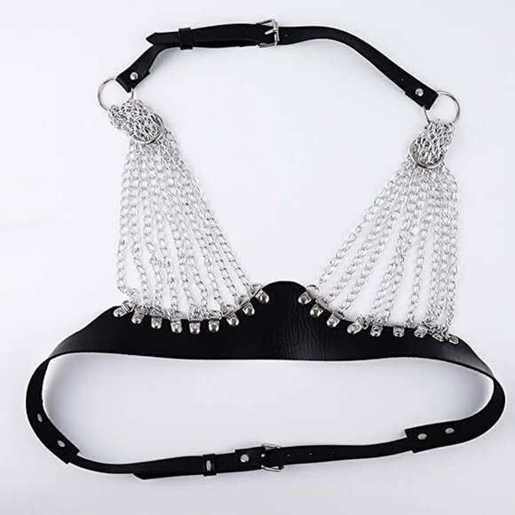 Black Leather Bra Top Chain Bikini Harness BDSM Slave Fetish Bondage Gothic NWT - Picture 7 of 7